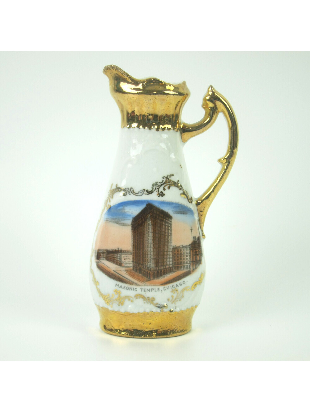 Antique Porcelain Souvenir Pitcher Vase Masonic Temple Chicago 5.5" Gold Accents